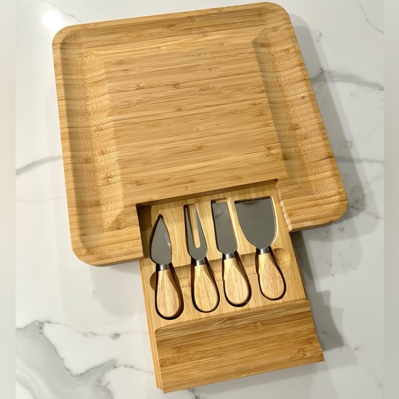 NEW Charcuterie Bamboo Cheese Board Set w/ Stainless Steel Serving Utensils - Picture 1 of 9